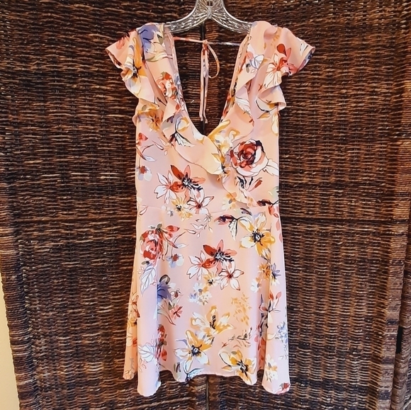 Kenedik Dress Large Pink Floral Ruffle Mini Flutter Sleeves Fairy Cottagecore - Picture 1 of 5